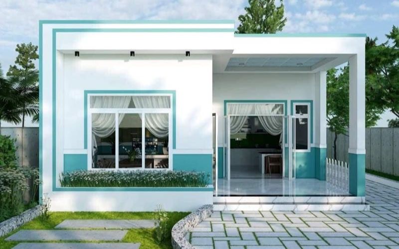 Kết hợp màu trắng và xanh ngọc ở mặt tiền giúp ngôi nhà trở nên hiện đại, ấn tượng