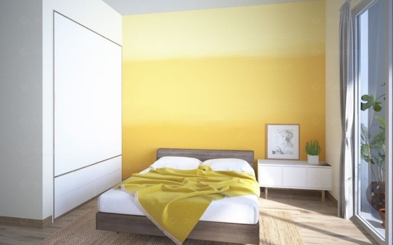 Phòng ngủ nhà ống màu vàng hiệu ứng ombre độc đáo