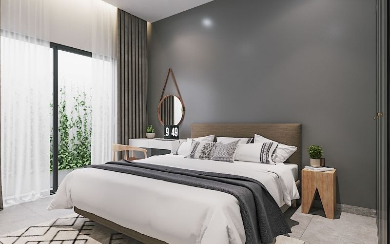 Phòng ngủ màu ghi phối nội thất trắng trang nhã