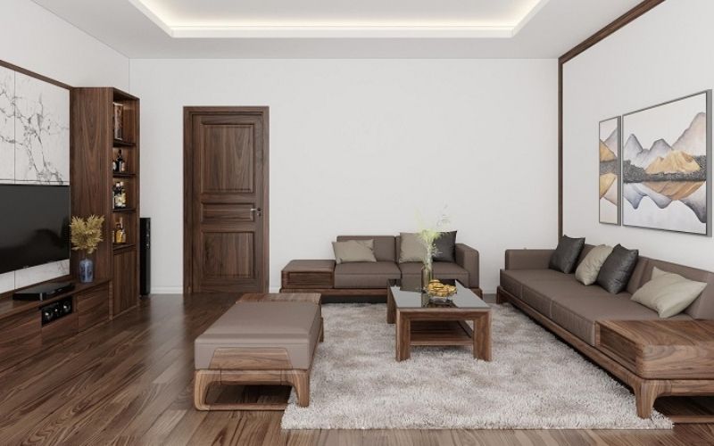Thiết kế phòng khách sơn màu trắng kết hợp nội thất gỗ tinh tế, hiện đại