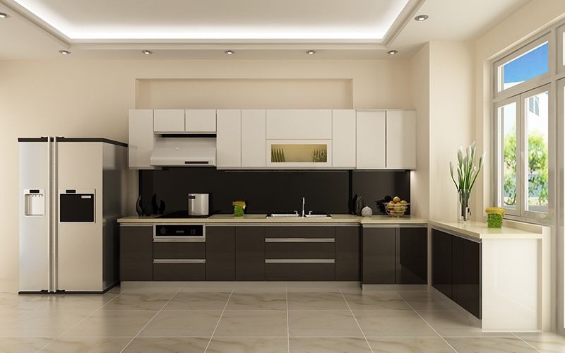 Sơn phòng bếp màu be phối nội thất gam màu tối tạo không gian sang trọng, sạch sẽ