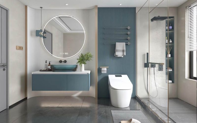 Thiết kế nhà tắm sơn màu xám xanh hiện đại