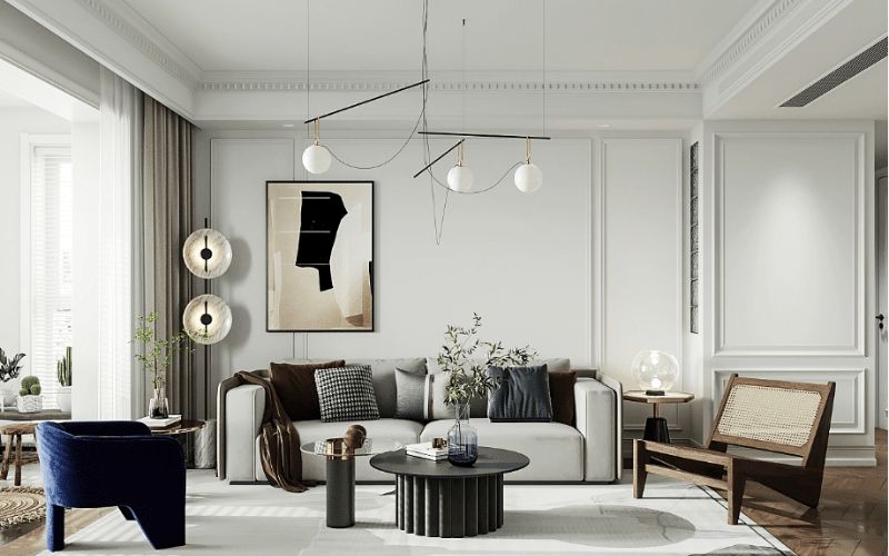 Phòng khách sơn màu trắng xám mang lại vẻ đẹp Tân cổ điển cuốn hút