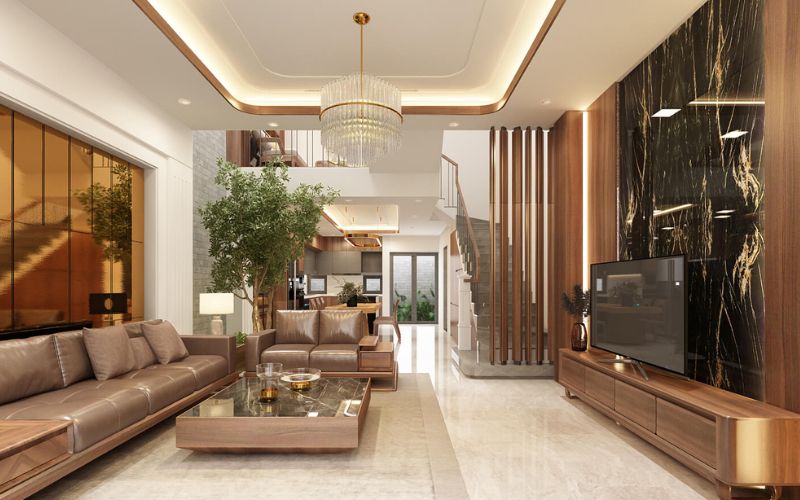 Trần thạch cao phòng khách liền bếp dạng chìm