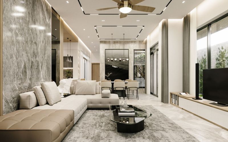 Trần thạch cao phòng khách có quạt trần và đèn led âm tường ấn tượng