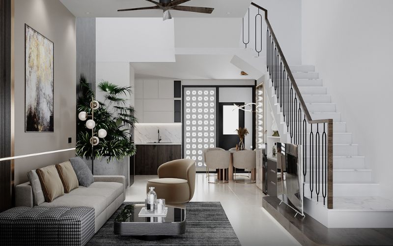 Trần thạch cao có quạt trần cho phòng khách liền bếp nhà cấp 4 phối nội thất hiện đại