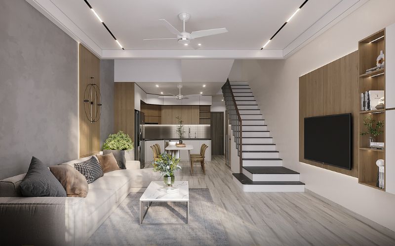 mẫu trần thạch cao phòng khách có quạt trần