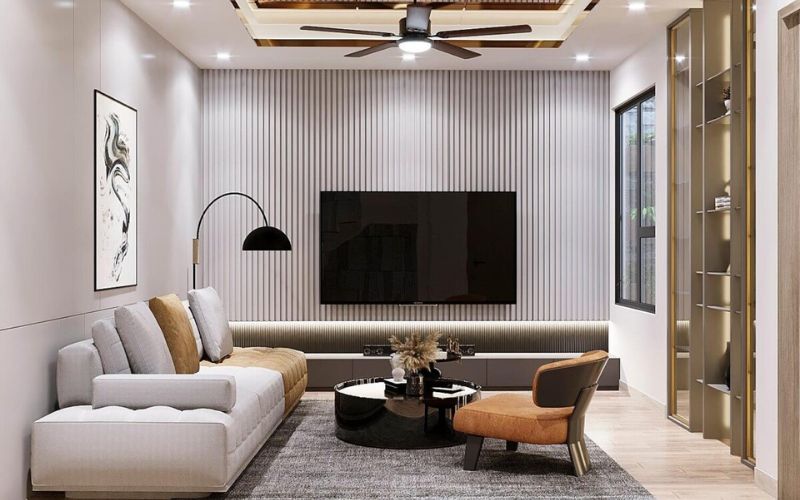 Phòng khách diện tích nhỏ thiết kế trần thạch cao có quạt trần sang trọng