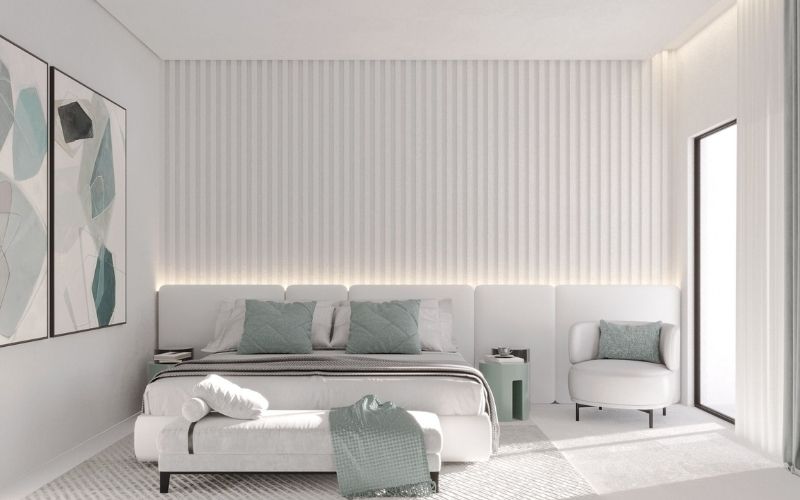 Trần thạch cao màu trắng vừa nổi bật nội thất vừa mang lại không gian phòng ngủ thoáng đãng