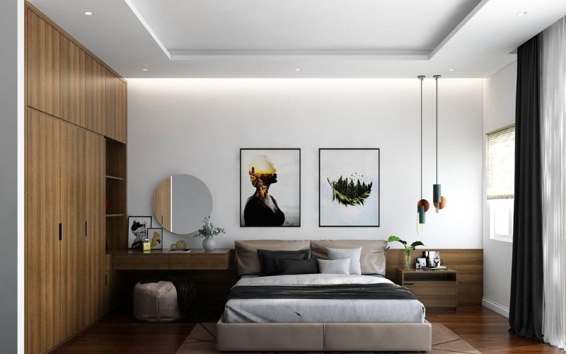 Phòng ngủ diện tích nhỏ thiết kế trần giật cấp nhẹ hài hòa với nội thất