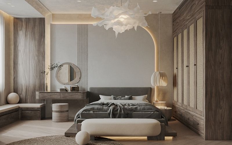 Phòng ngủ thiết kế trần với đèn trang trí lãng mạn