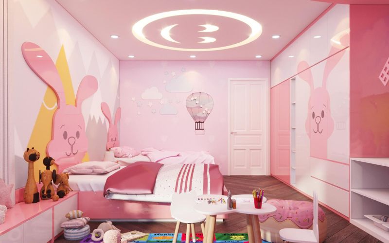 Mẫu trần thạch cao phòng ngủ cho bé gái với sắc hồng đáng yêu