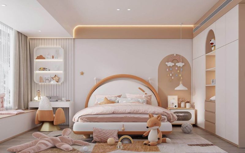 Trần thạch cao cho phòng ngủ bé gái với tủ quần áo đa năng
