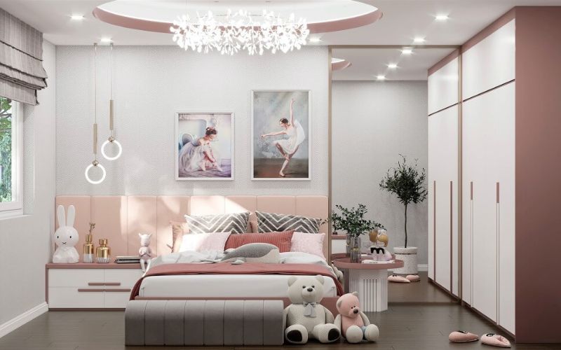Trần thạch cao phòng ngủ bé gái, trang trí tranh treo tường