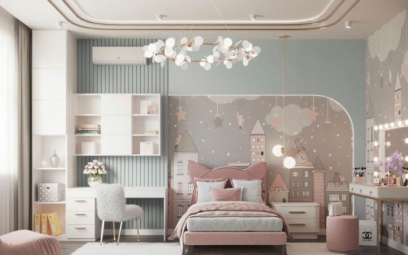Mẫu trần thạch cao giật cấp bo góc tròn phòng ngủ bé gái với trang trí tường lâu đài cổ tích