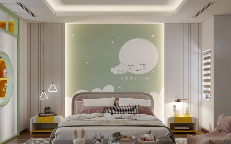 Phòng ngủ trẻ em thiết kế trần thạch cao giật cấp với đèn thả ngộ nghĩnh