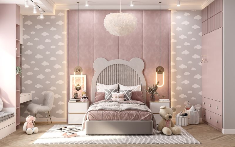 Trần thạch cao phòng ngủ bé gái với màu hồng chủ đạo