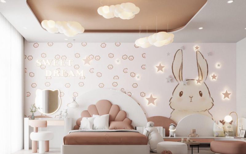 Mẫu trần thạch cao phòng ngủ bé gái đẹp với tường trang trí họa tiết xinh xắn