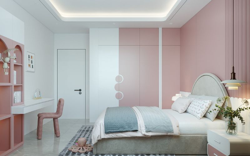 Trần thạch cao phòng ngủ bé gái tích hợp đèn led âm trần thông minh