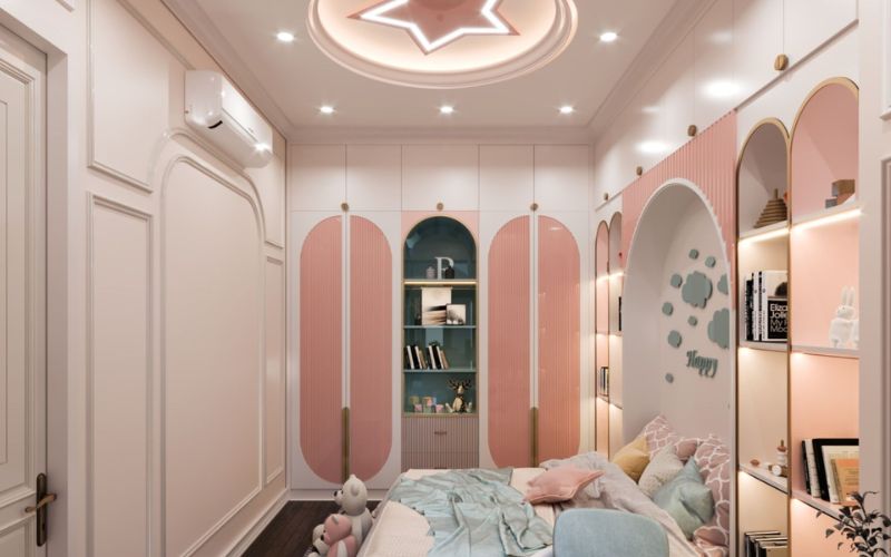 Mẫu trần thạch cao cho phòng ngủ bé gái thiết kế hệ thống đèn hình ngôi sao