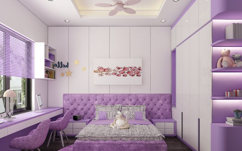 Trần giật cấp phòng ngủ bé gái tone màu tím dễ thương