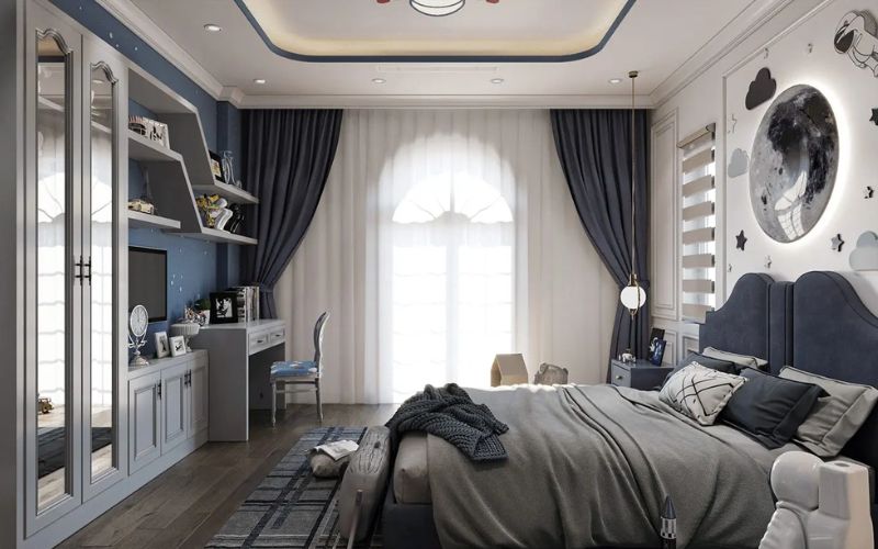 Trần thạch cao phòng ngủ màu xanh hiện đại cho bé trai có tính cách năng động