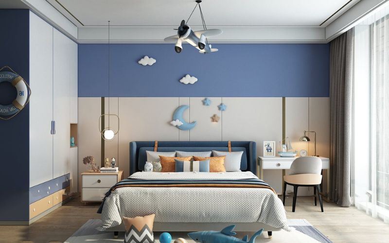 Trần thạch cao cho phòng ngủ bé trai gắn đèn hình máy bay tạo điểm nhấn sáng tạo