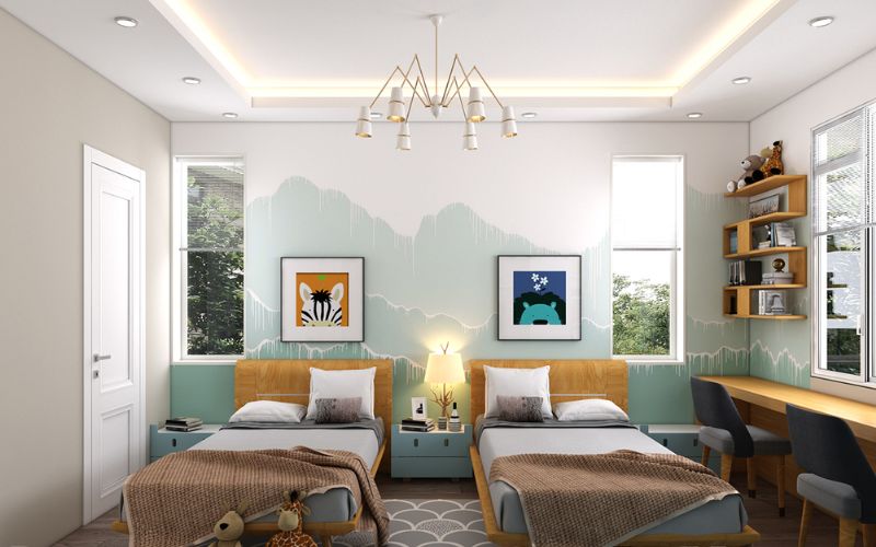 Trần giật cấp phòng ngủ dành cho 2 bé trai với cửa sổ thoáng mát