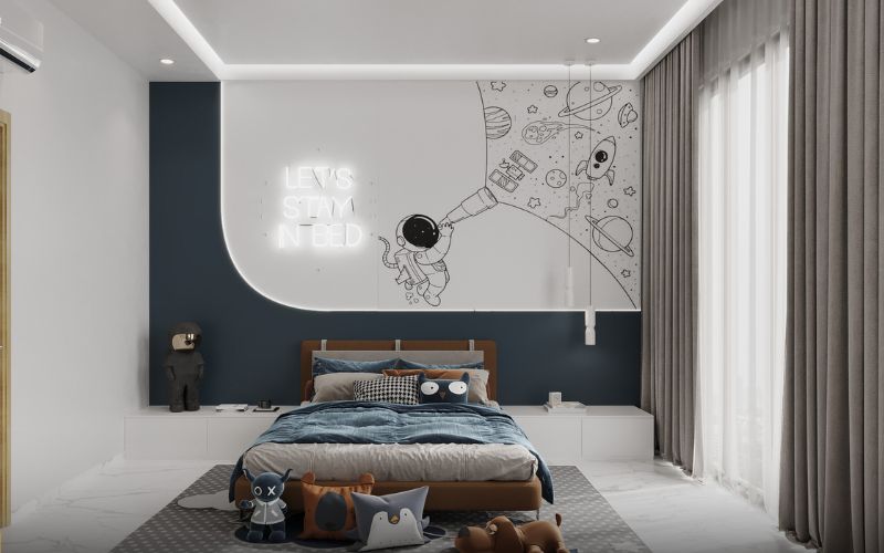 Phòng ngủ bé trai thiết kế trần thạch cao giật cấp và nội thất tối giản