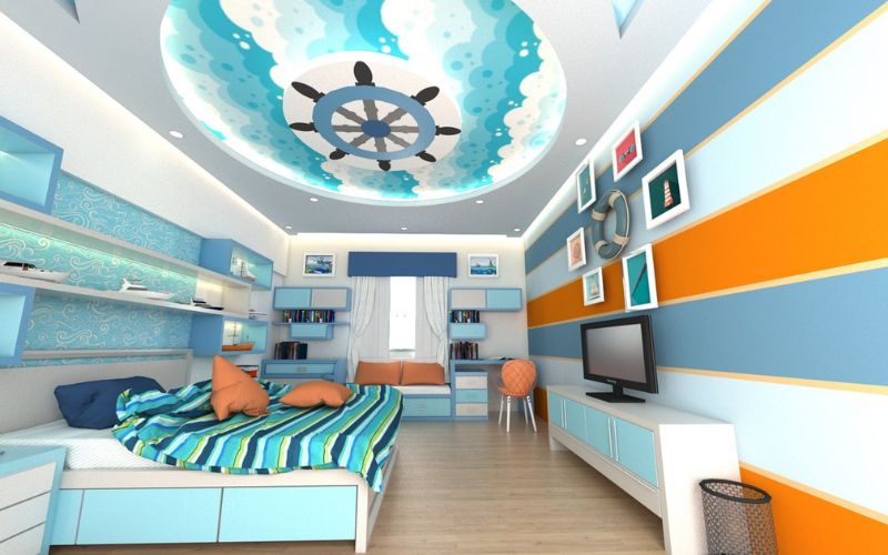 Mẫu thạch cao tròn phòng ngủ bé trai thiết kế chi tiết đại dương ấn tượng