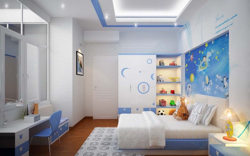Phòng ngủ bé trai thiết kế trần giật cấp tích hợp hệ thống đèn thông minh