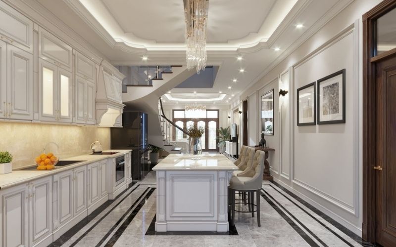 Trần thạch cao nhà bếp phong cách Tân cổ điển với các chi tiết đối xứng tinh tế
