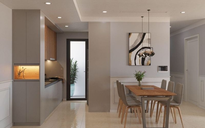 Nhà bếp trần thạch cao thiết kế đơn giản kết hợp đèn thả