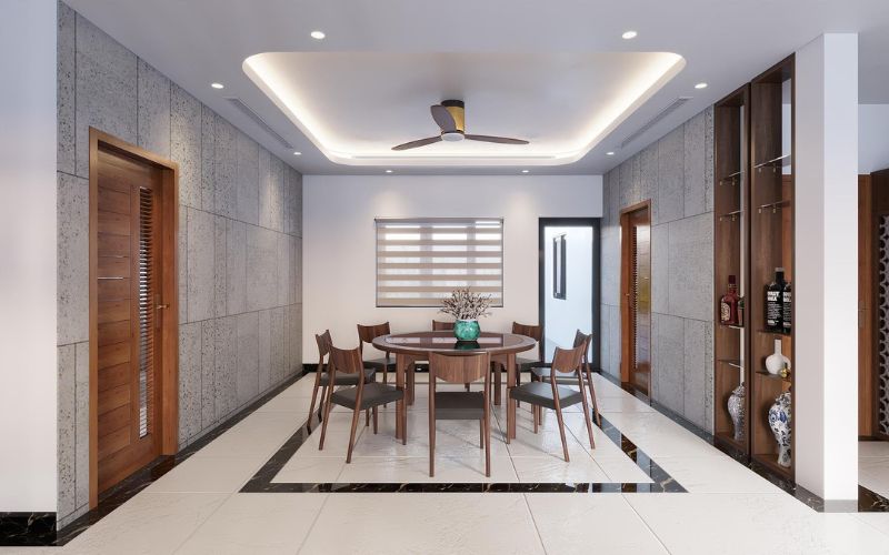 Trần giật cấp phòng bếp gắn quạt trần kết hợp nội thất gỗ sang trọng