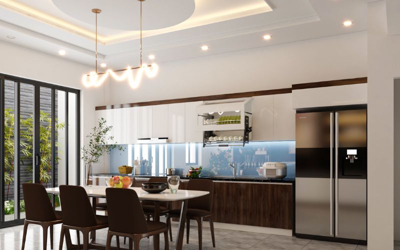 Mẫu trần thạch cao phòng bếp trang trí đèn thả độc đáo
