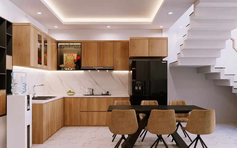 Trần phòng bếp nhà ống, trang trí tủ bếp bằng gỗ