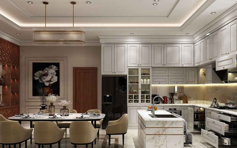 Mẫu trần thạch cao giật cấp phòng bếp phong cách Tân cổ điển thời thượng