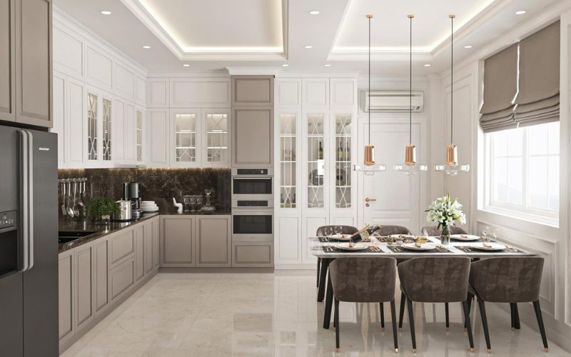 Trần thạch cao phòng bếp, kết hợp đèn thả ấn tượng