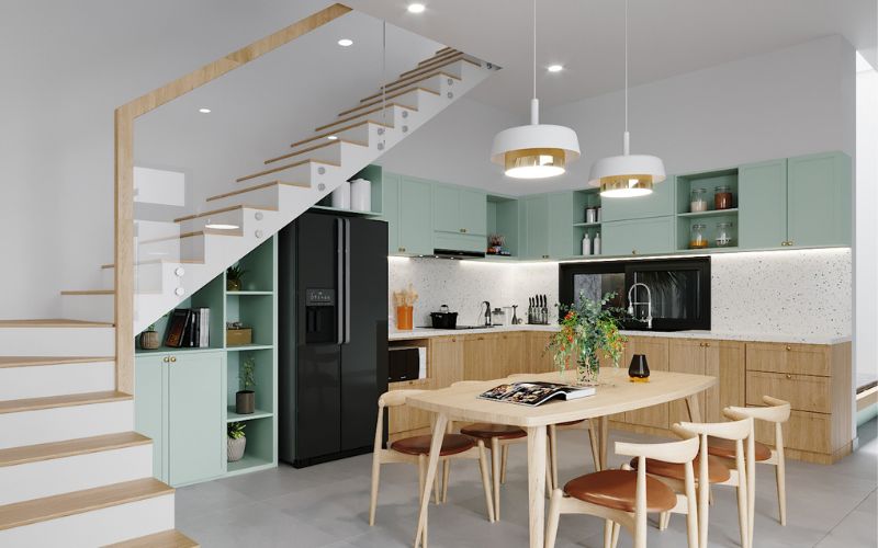 Phòng bếp nhà ống thiết kế trần phẳng đơn giản