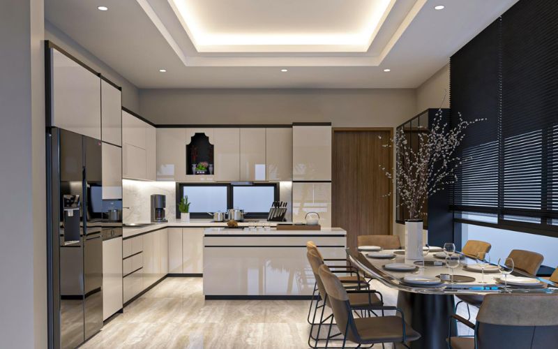 Trần thạch cao giật cấp phòng bếp, kết hợp đèn âm trần thông minh