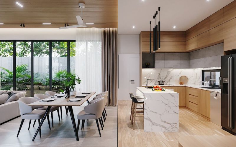 Thiết kế trần phòng khách liền bếp giúp tối ưu không gian nhà ống