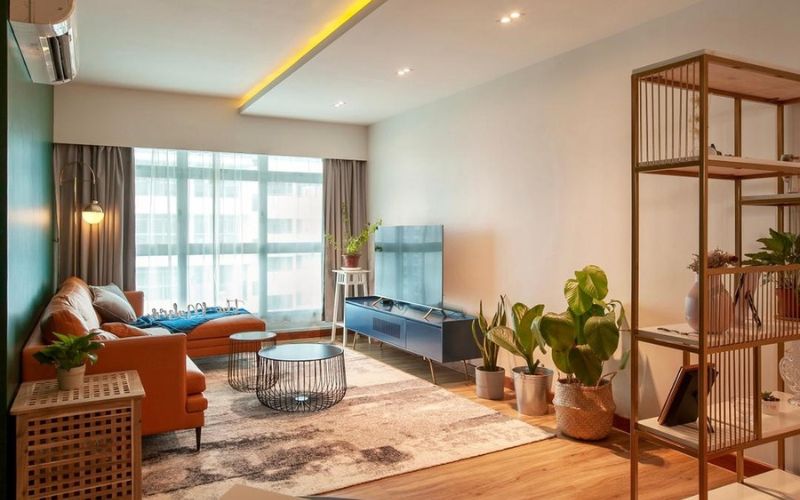 Mẫu trần thạch cao đẹp cho phòng khách chung cư phong cách Retro