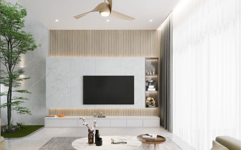 Mẫu trần thạch cao phòng khách đơn giản phối tường ốp đá đầy thu hút