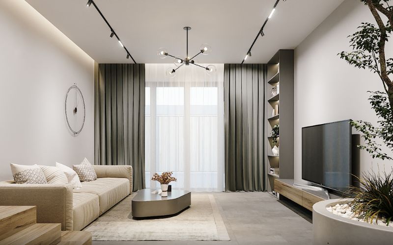 Trần thạch cao phòng khách 30m2 thiết kế đơn giản, kết hợp đèn thả độc đáo