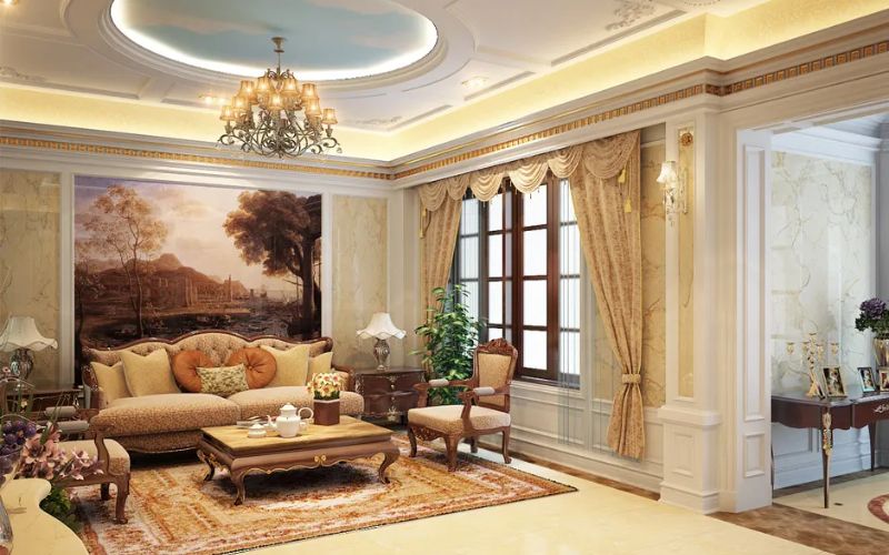 Trần thạch cao phòng khách 30m2 phong cách cổ điển thiết kế giật cấp mang lại sự đẳng cấp, ấn tượng
