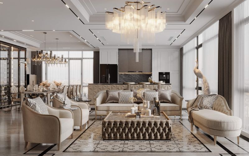 Trần thạch cao phòng khách 30m2 biệt thự được kết hợp hệ thống đèn chùm pha lê bắt mắt