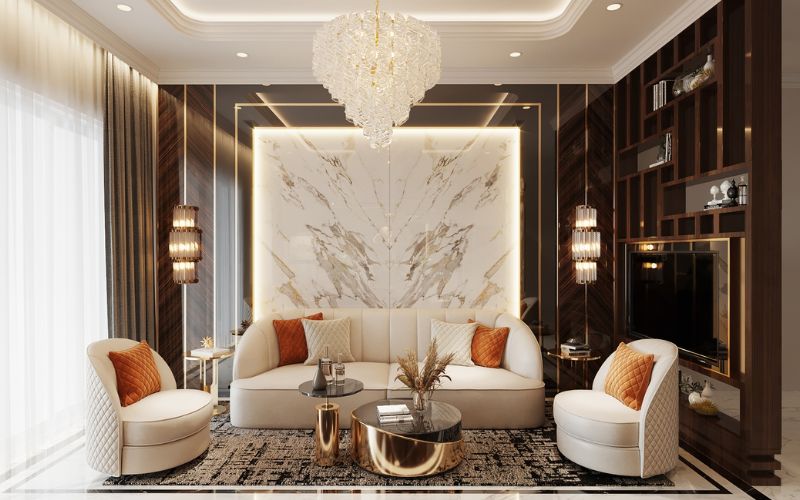 Thiết kế trần thạch cao kết hợp đèn thả sang trọng cho phòng khách nhà phố tân cổ điển