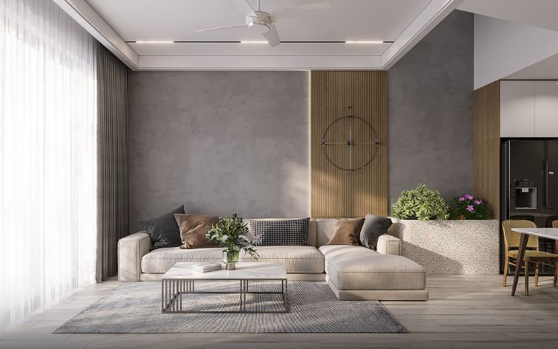 Mẫu trần thạch cao đẹp cho phòng khách 30m2 nhà ống đơn giản và hiện đại