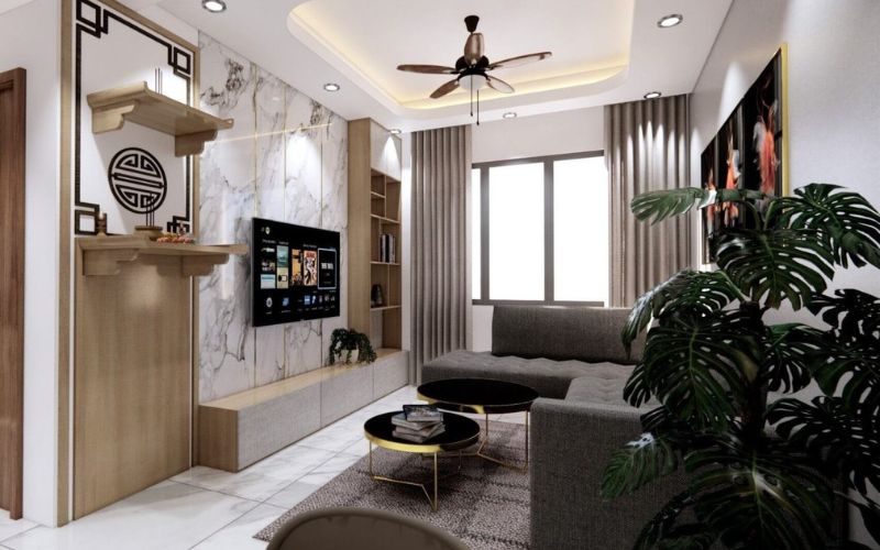 Trần giật cấp phòng khách kết hợp quạt trần hiện đại