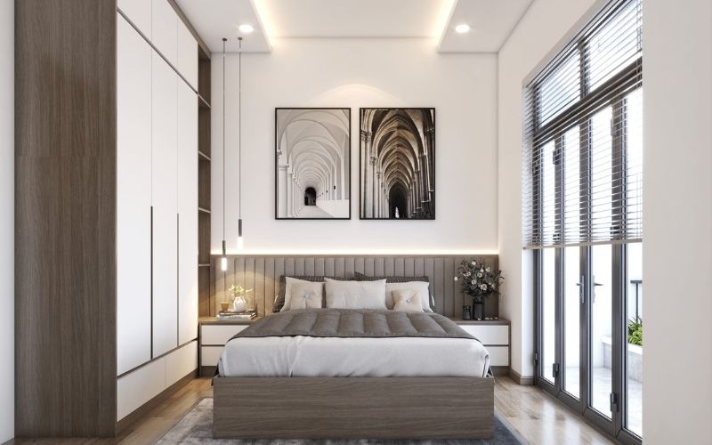 Mẫu trần phòng ngủ 12m2 kết hợp tranh treo tường ấn tượng